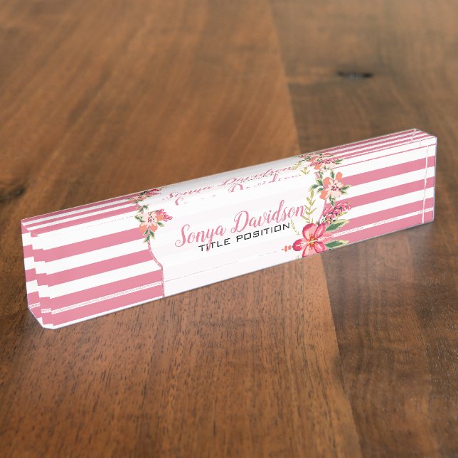 Elegant Pink And White Stripes Name Plate (Side)