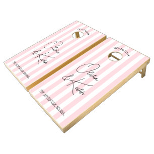 Elegant Pink And White Stripes Wedding Party Cornhole Set