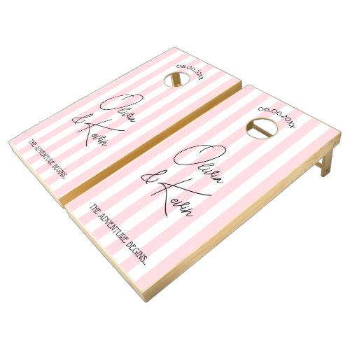 Elegant Pink And White Stripes Wedding Party Cornhole Set