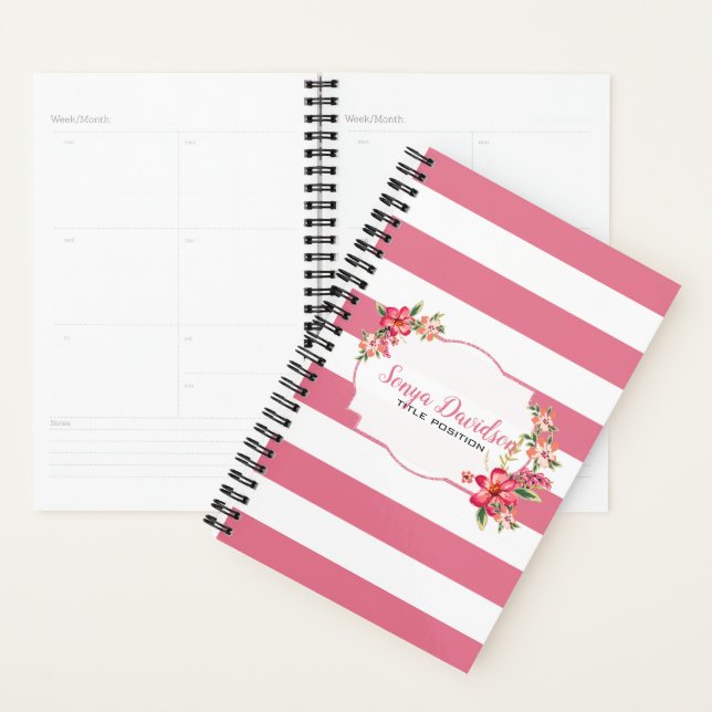 Elegant Pink And White Stripes with Flowers Planner (Display)