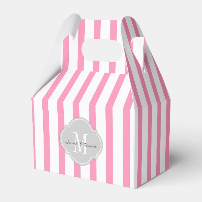 Elegant Pink and White Stripes with Monogram Favor Boxes (Front Side)