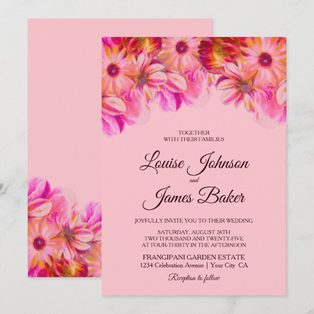 Elegant Pink and Yellow Floral Wedding Invitation (Front/Back)