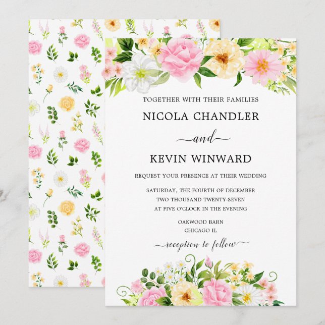 Elegant Pink and Yellow Floral Wedding Invitation (Front/Back)