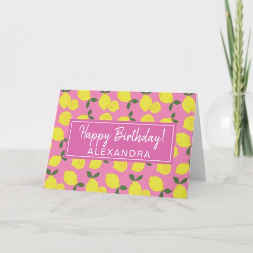 Elegant Pink and Yellow Lemon Happy Birthday Card