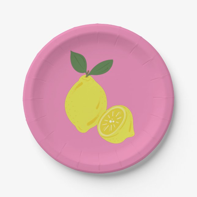 Elegant Pink and Yellow Lemon Party Paper Plates (Front)