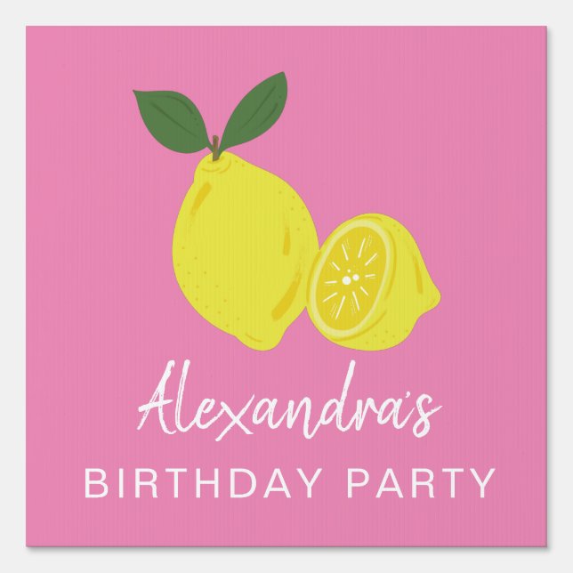 Elegant Pink and Yellow Lemon Party Sign (Front)