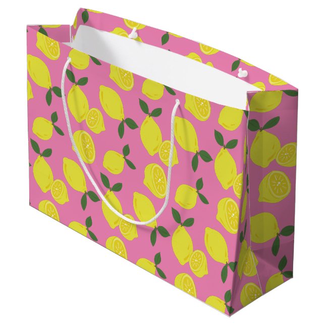 Elegant Pink and Yellow Lemon Pattern Large Gift Bag (Back Angled)