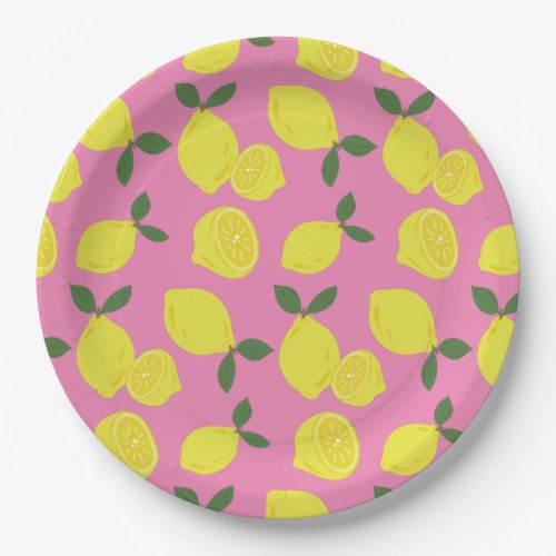 Elegant Pink and Yellow Lemon Pattern Paper Plates
