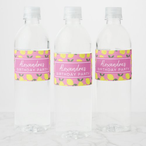 Elegant Pink and Yellow Lemon Pattern Water Bottle Label