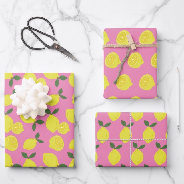 Elegant Pink and Yellow Lemon Pattern Wrapping Paper Sheets (Front)