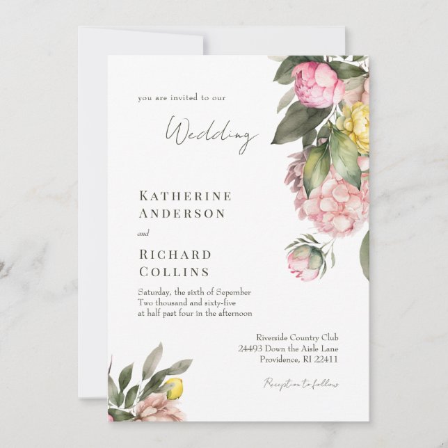 Elegant Pink and Yellow Peonies Wedding Invitation (Front)