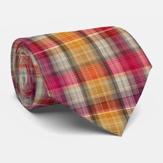 Elegant Pink and Yellow Plaid Gingham Pattern Neck Tie (Rolled)