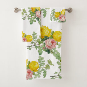 Elegant  Pink and Yellow Roses Floral  Bath Towel Set