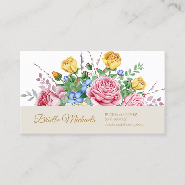 Elegant Pink and Yellow Spring Rose Floral Business Card (Front)