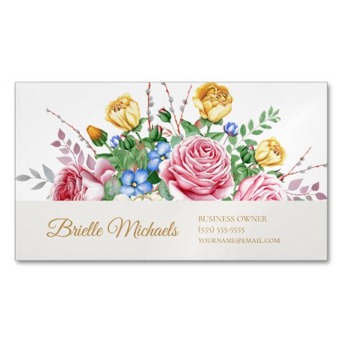 Elegant Pink and Yellow Spring Rose Floral Business Card Magnet