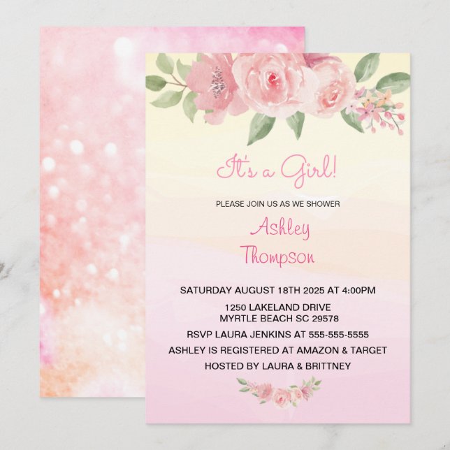  Elegant  Pink and Yelow Floral Baby Shower     Invitation (Front/Back)