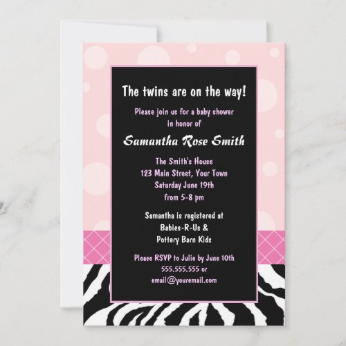 Elegant Pink and Zebra Girl Twins Baby Shower Invitations