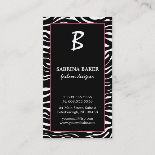 Elegant Pink and Zebra Monogram Business Cards