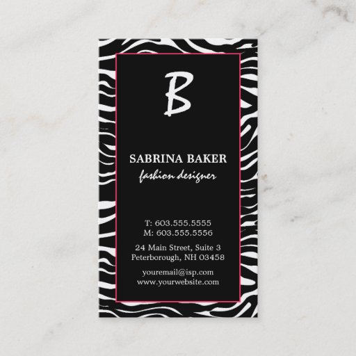 Customizable Elegant Pink and Zebra Monogram Business Cards
