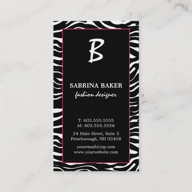Elegant Pink and Zebra Monogram Business Cards (Front)