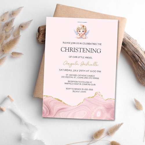 Elegant Pink Angel Girl Baptism Christening  Invitation