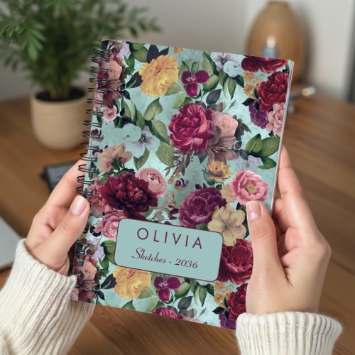 Elegant Pink Aqua Floral Pattern Monogram Notebook