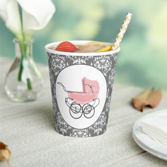 Elegant Pink Baby Buggy Baby Shower Paper Cups (Insitu)