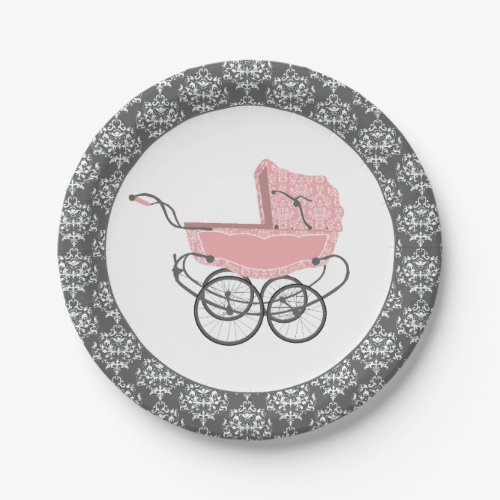 Elegant Pink Baby Buggy Baby Shower Paper Plate