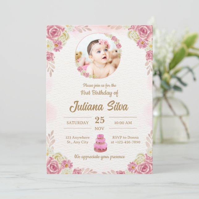 Elegant Pink Baby Girl First Birthday Custom Photo Invitation (Standing Front)