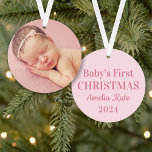 Elegant Pink Baby Girl First Christmas Photo Ornament<br><div class="desc">Baby's First Christmas holiday ornament design features a pastel pink background with dusty rose pink "Baby's First Christmas" wording,  custom text that can be personalized with the baby girl's name and birth year. Include a favorite baby photo on the reverse side. Colors can be modified.</div>