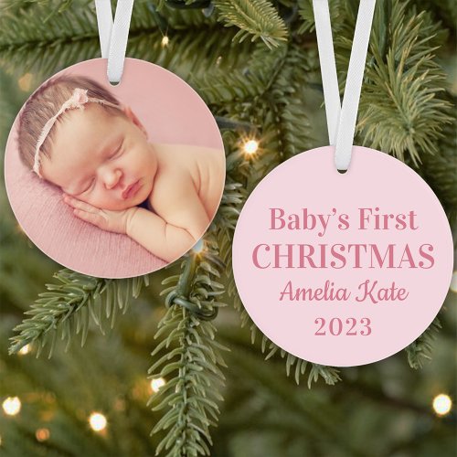 Elegant Pink Baby Girl First Christmas Photo Ornament