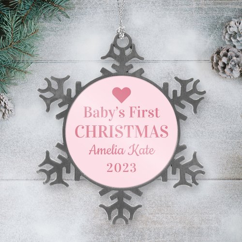 Elegant Pink Baby Girl First Christmas Snowflake Pewter Christmas Ornament