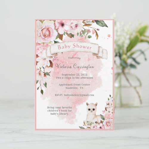 Elegant Pink Baby Girl Floral Script Baby Shower Invitation