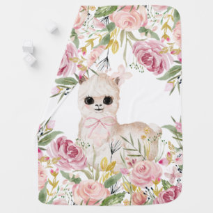 Elegant Pink Baby Girl Floral Watercolor Llama Baby Blanket