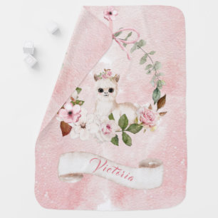 Elegant Pink Baby Girl Floral Watercolor Name Baby Blanket
