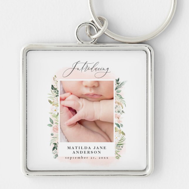 elegant pink baby girl photo announcement keychain (Front)