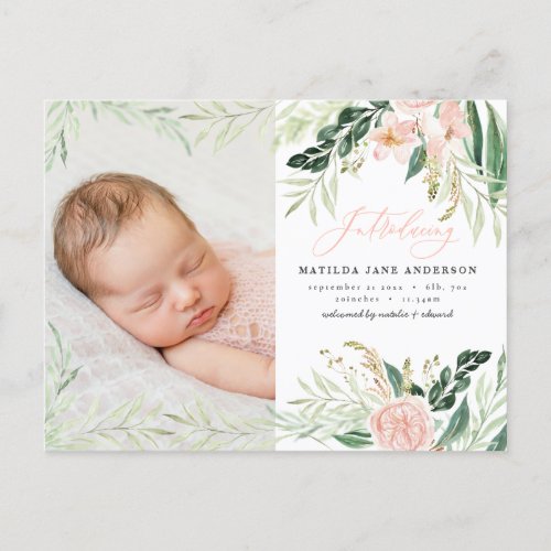 elegant pink baby girl photo announcement postcard