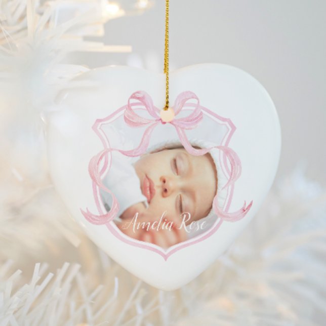 Elegant Pink Baby Girl Photo First Christmas Ceramic Ornament (Creator Uploaded)