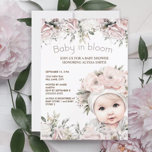 Elegant Pink Baby in Bloom Girl Baby Shower Invitation