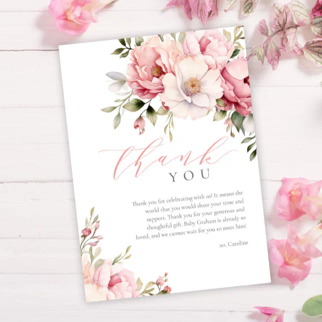 Elegant Pink Baby In Bloom Girl Baby Shower Thank You Card | Zazzle