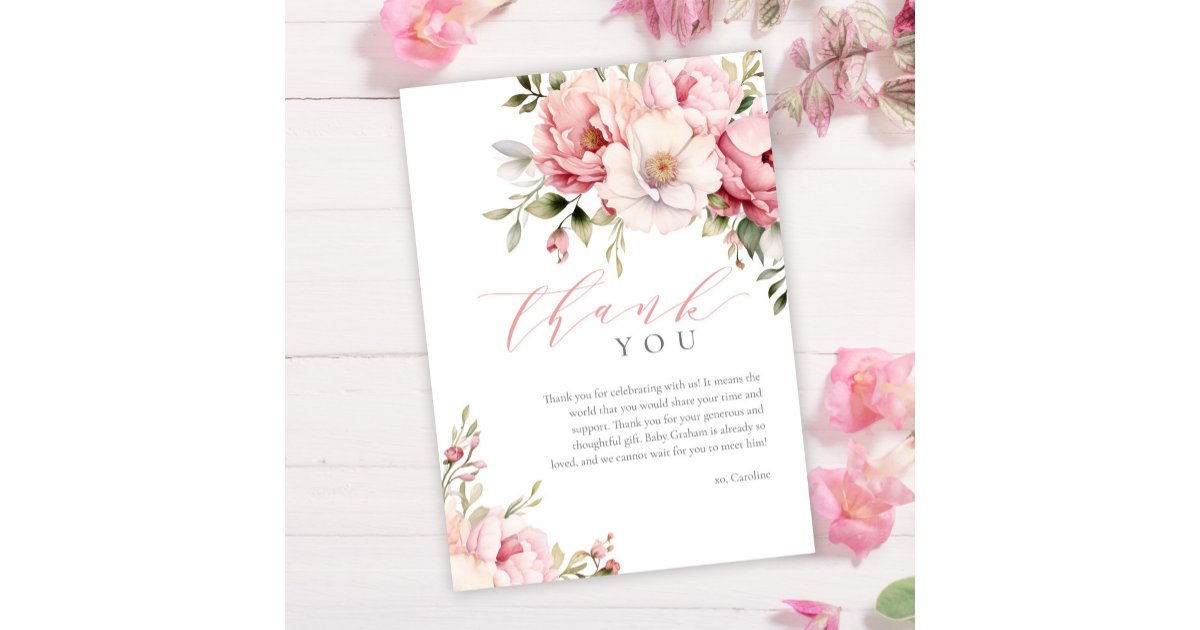 Elegant Pink Baby In Bloom Girl Baby Shower Thank You Card | Zazzle