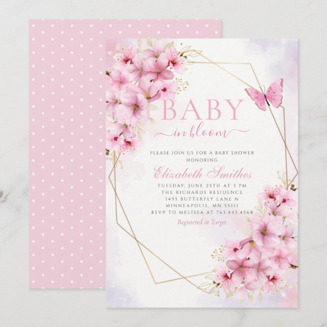 Elegant Pink Baby in Bloom Script Girl Baby Shower Invitation (Front/Back)