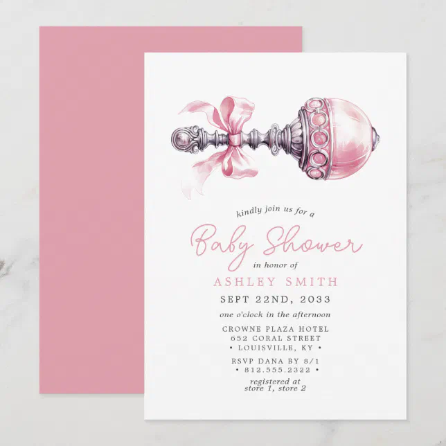 Elegant Pink baby Rattle Girl Baby Shower Invitation | Zazzle