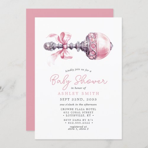 Elegant Pink Baby Rattle Girl Baby Shower Invitation