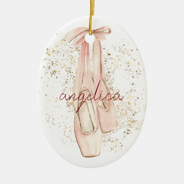 Elegant Pink Ballerina Dancer Shoes Gold Glitter Ceramic Ornament (Front)