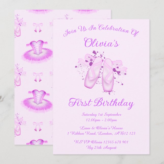 Elegant Pink Ballet Birthday Pointe Shoes Invitation (Front/Back)