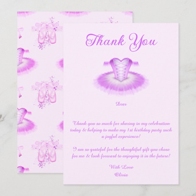 Elegant Pink Ballet Birthday Tutu Watercolour Thank You Card (Front/Back)