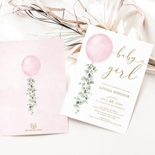 Elegant Pink Balloon Eucalyptus Girl Baby Shower Invitation