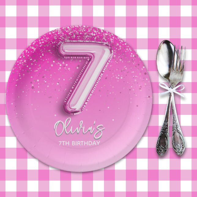 Elegant Pink Balloon Numbers 7th Birthday for Girl Paper Plates (Creator Uploaded)