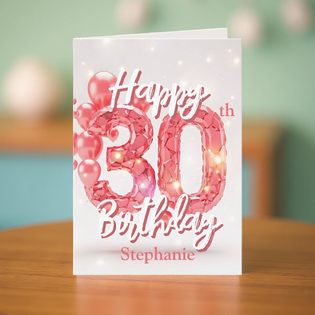Elegant Pink Balloon & Sparkling Gem 30th Birthday Card (Creator Uploaded)